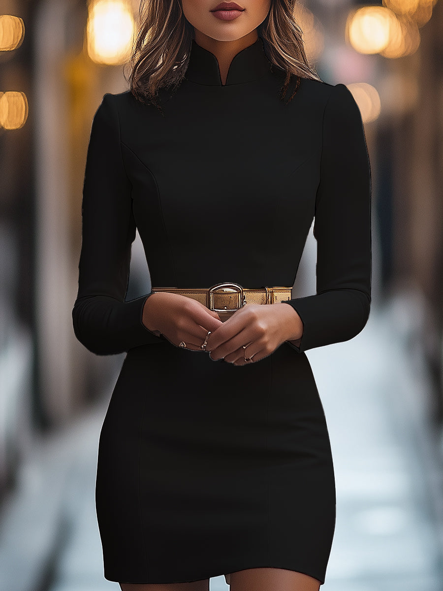 Ferlora™ | Elegant White Mandarin Collar Dress with Belt Design