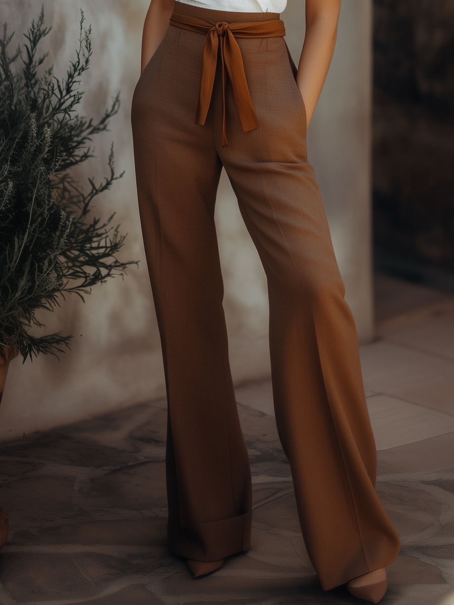 Ferlora™ | Aurore Linen-Blend Wrap Top & High-Waisted Trousers Set – Ivory & Mocha