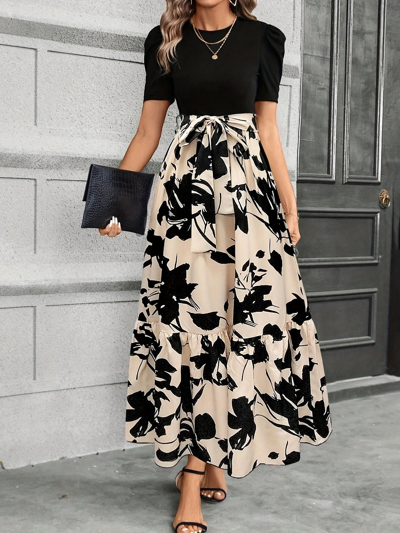 Briony - Floral High-Waist Dress with Ruffle Hem - Ferlora