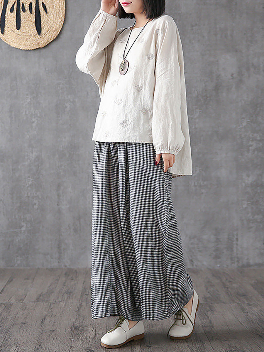 Ferlora™ | Élise Plus-Size Plaid Linen-Cotton Wide-Leg Pants