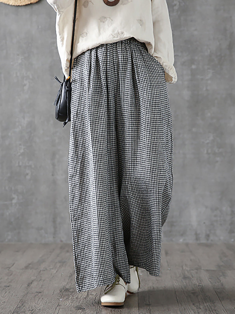 Ferlora™ | Élise Plus-Size Plaid Linen-Cotton Wide-Leg Pants