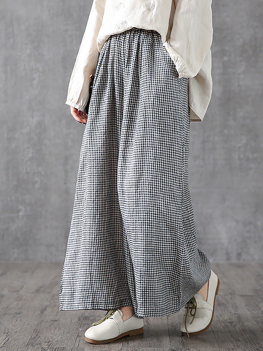 Ferlora™ | Élise Plus-Size Plaid Linen-Cotton Wide-Leg Pants