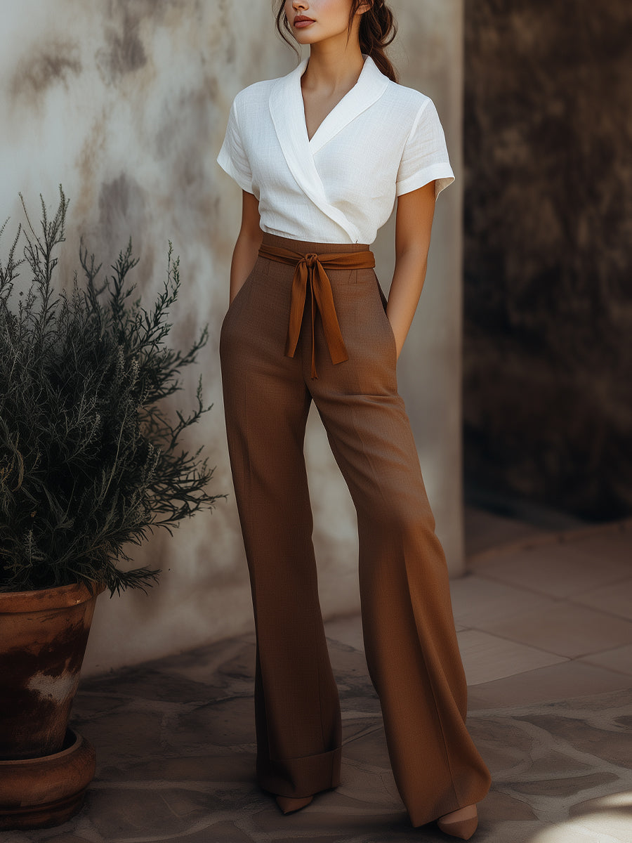 Ferlora™ | Aurore Linen-Blend Wrap Top & High-Waisted Trousers Set – Ivory & Mocha