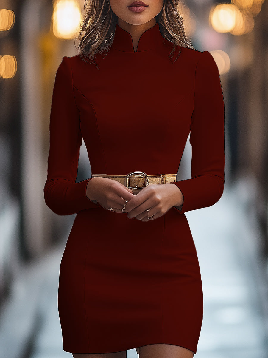 Ferlora™ | Elegant White Mandarin Collar Dress with Belt Design