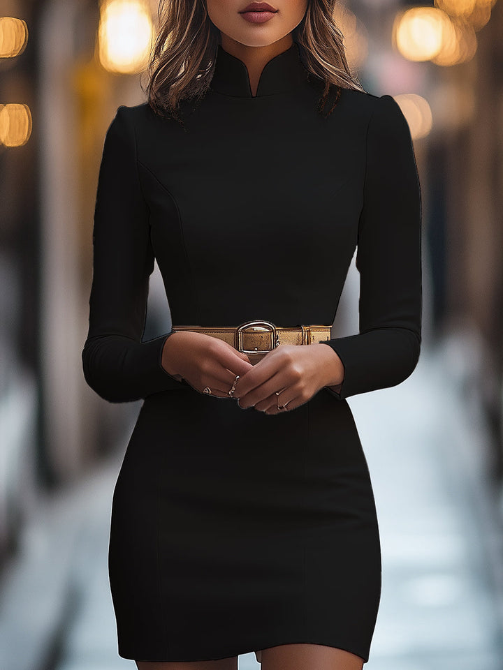 Ferlora™ | Elegant White Mandarin Collar Dress with Belt Design