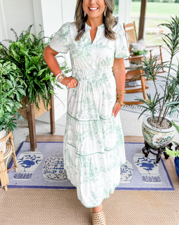 Alexia™ – Vintage Toile Print Maxi Dress for Effortless Elegance