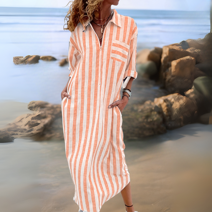 Ferlora™ | Elegant striped dress with V-neckline
