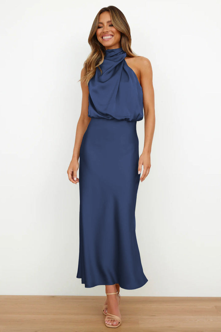 Carlina | Long Satin Dress with Halter Neck - Ferlora
