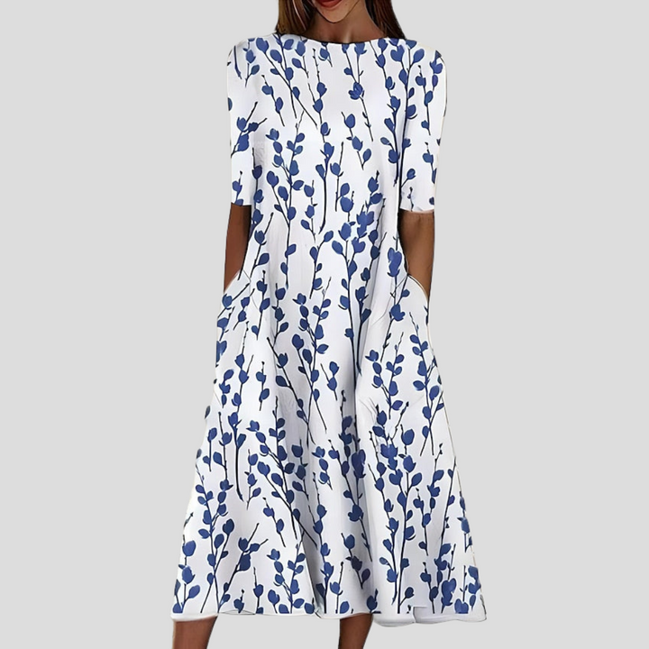 Ferlora™ | Coastal Floral Midi Dress with Classic Round Neck