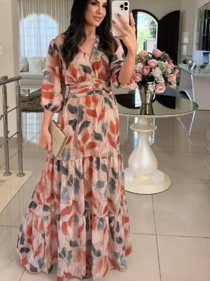 Ferlora™ | Long Floral Dress with Comfortable Fit for Elegant Days