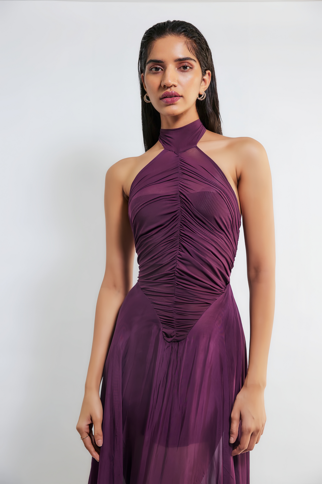 Kerstin Purple Train Design Ruched Maxi Dress - Ferlora