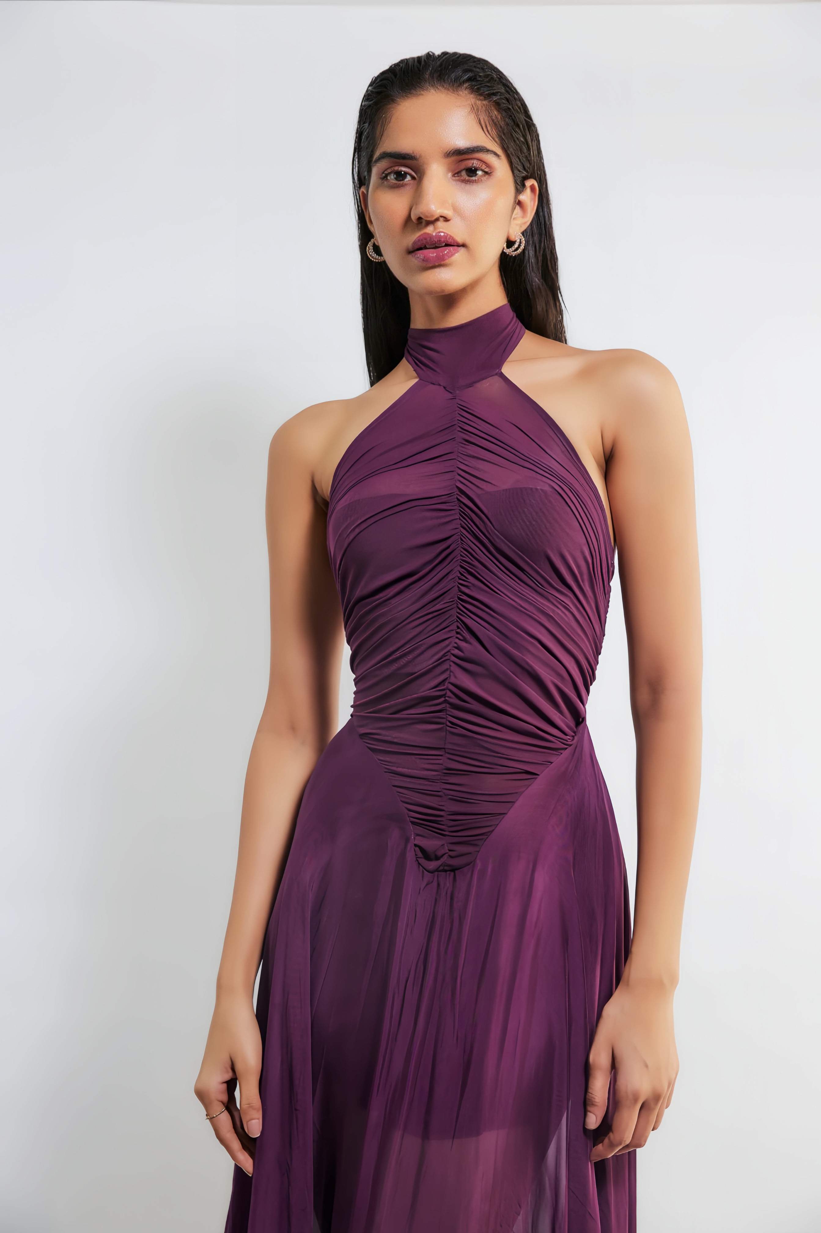 Kerstin Purple Train Design Ruched Maxi Dress - Ferlora