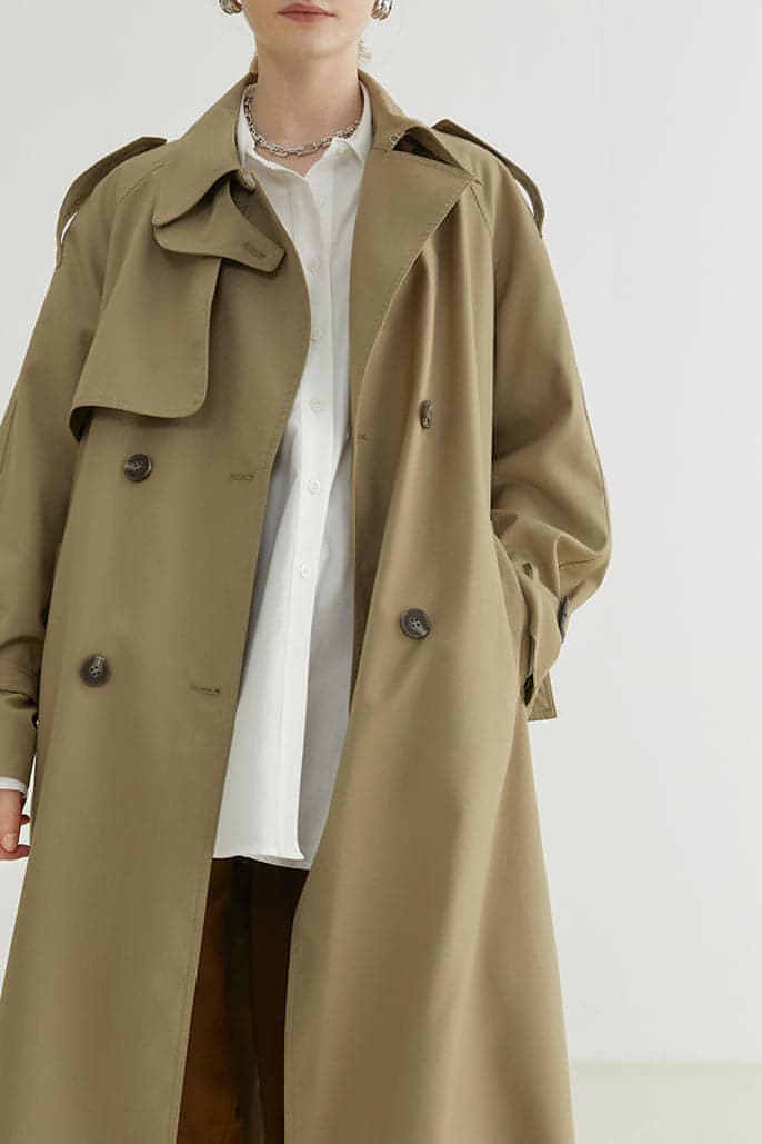 Ferlora™ | Double-Breasted Loose Mid-Length Melton Trench Coat