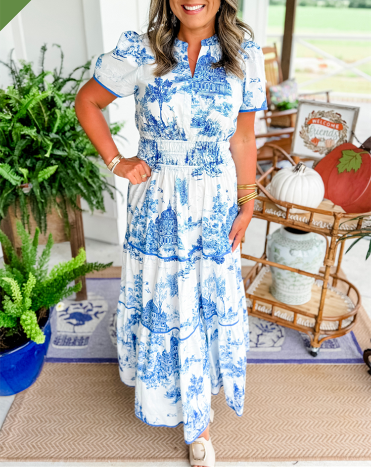 Ferlora™ | Vintage Toile Print Maxi Dress for Effortless Elegance