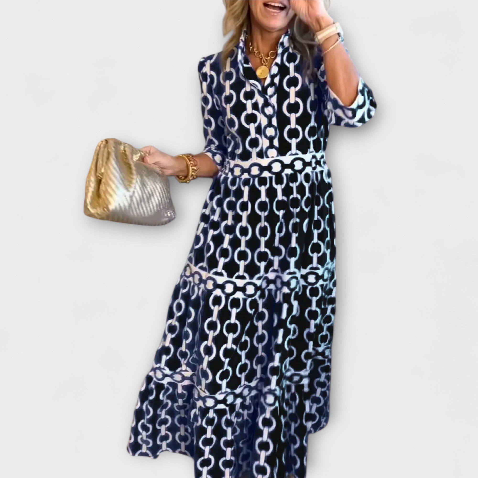Tiffany™ – Polished Chain-Print Midi Shirt Dress