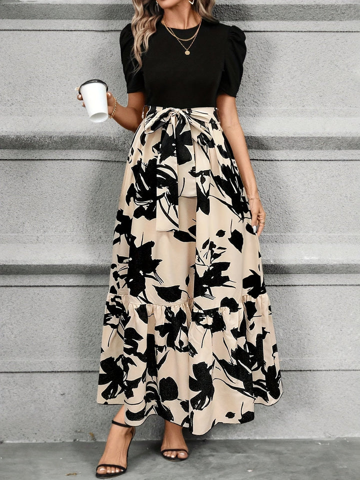 Briony - Floral High-Waist Dress with Ruffle Hem - Ferlora