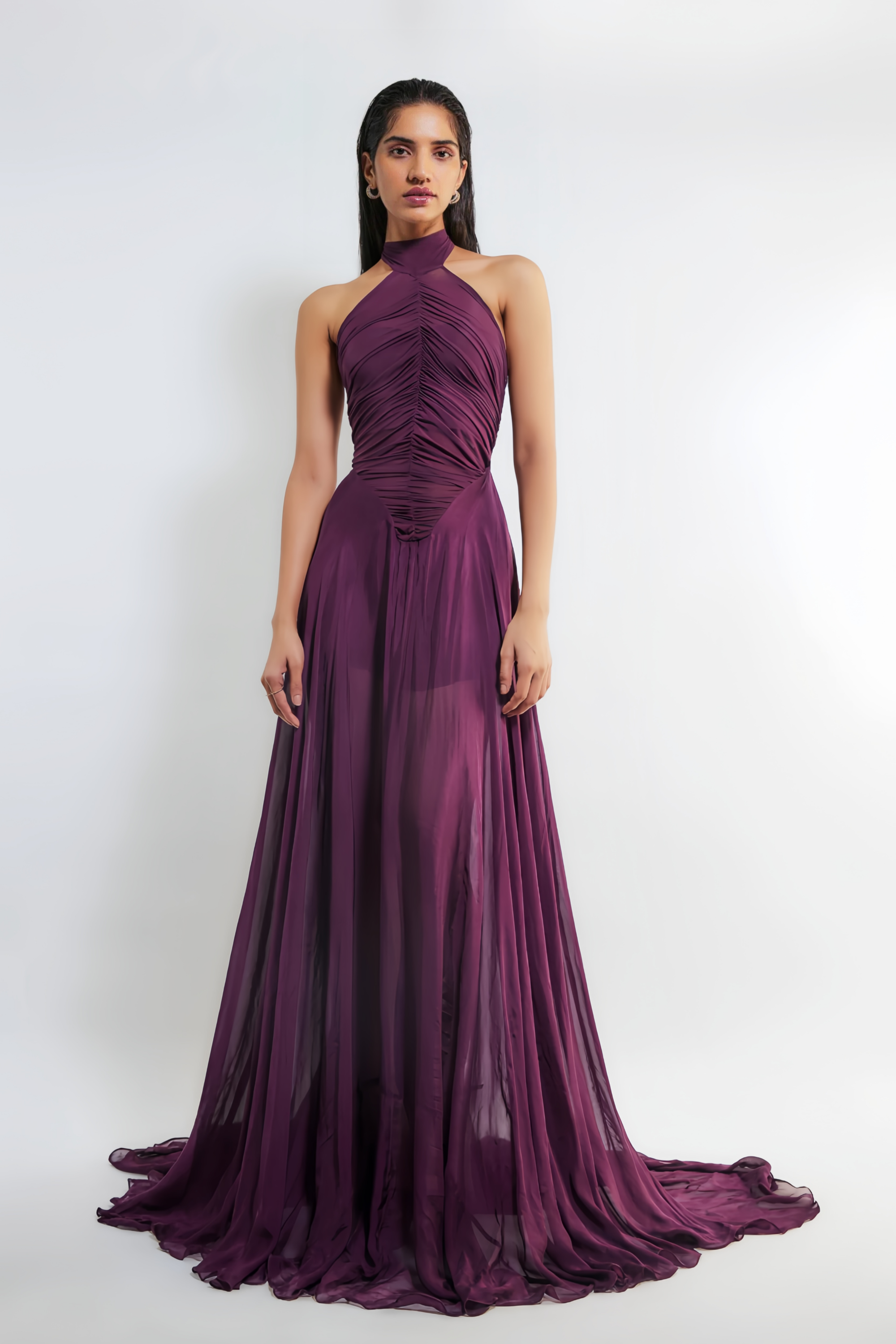 Kerstin Purple Train Design Ruched Maxi Dress - Ferlora