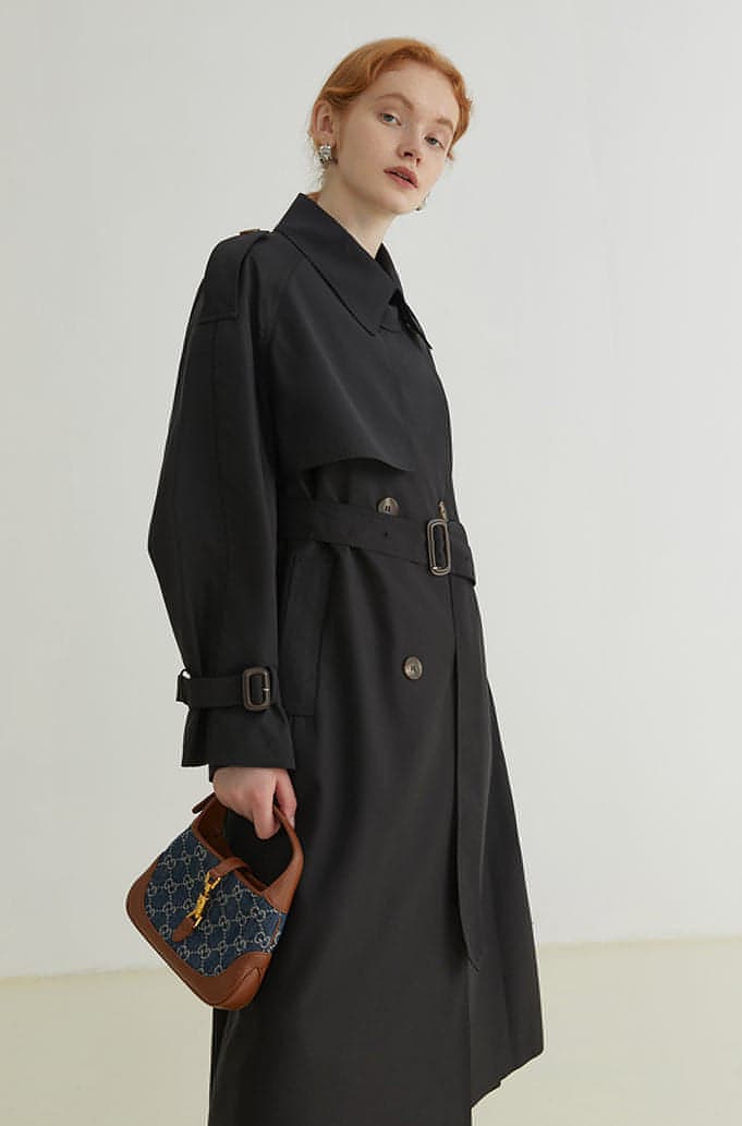 Ferlora™ | Double-Breasted Loose Mid-Length Melton Trench Coat