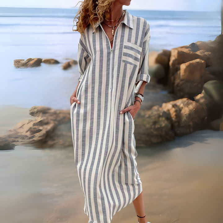 Ferlora™ | Elegant striped dress with V-neckline