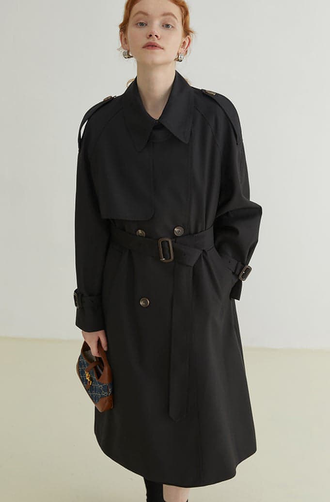 Ferlora™ | Double-Breasted Loose Mid-Length Melton Trench Coat