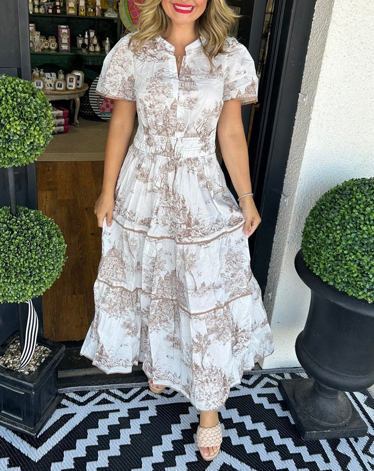 Ferlora™ | Vintage Toile Print Maxi Dress for Effortless Elegance
