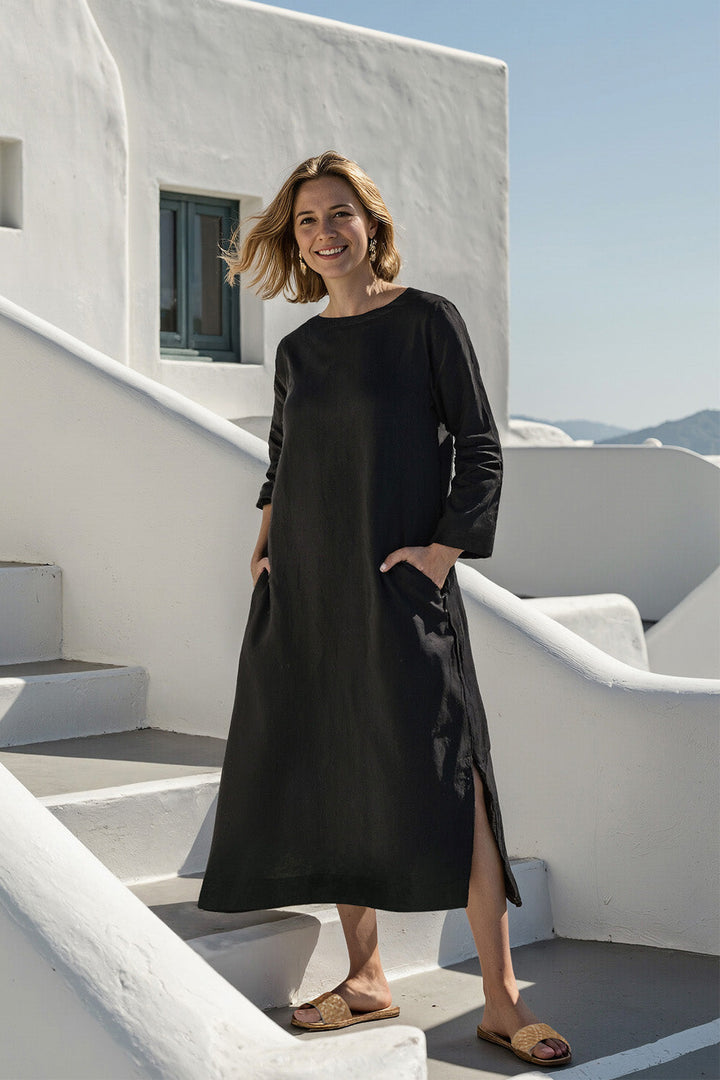 Ferlora™ | Ferlora Linen Midi Dress in Black
