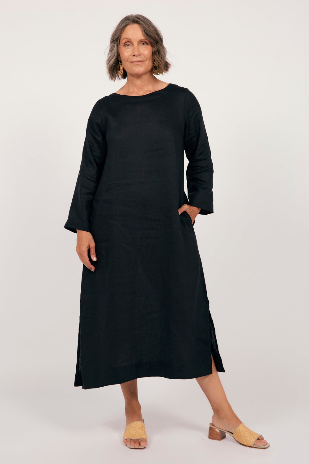 Ferlora™ | Ferlora Linen Midi Dress in Black