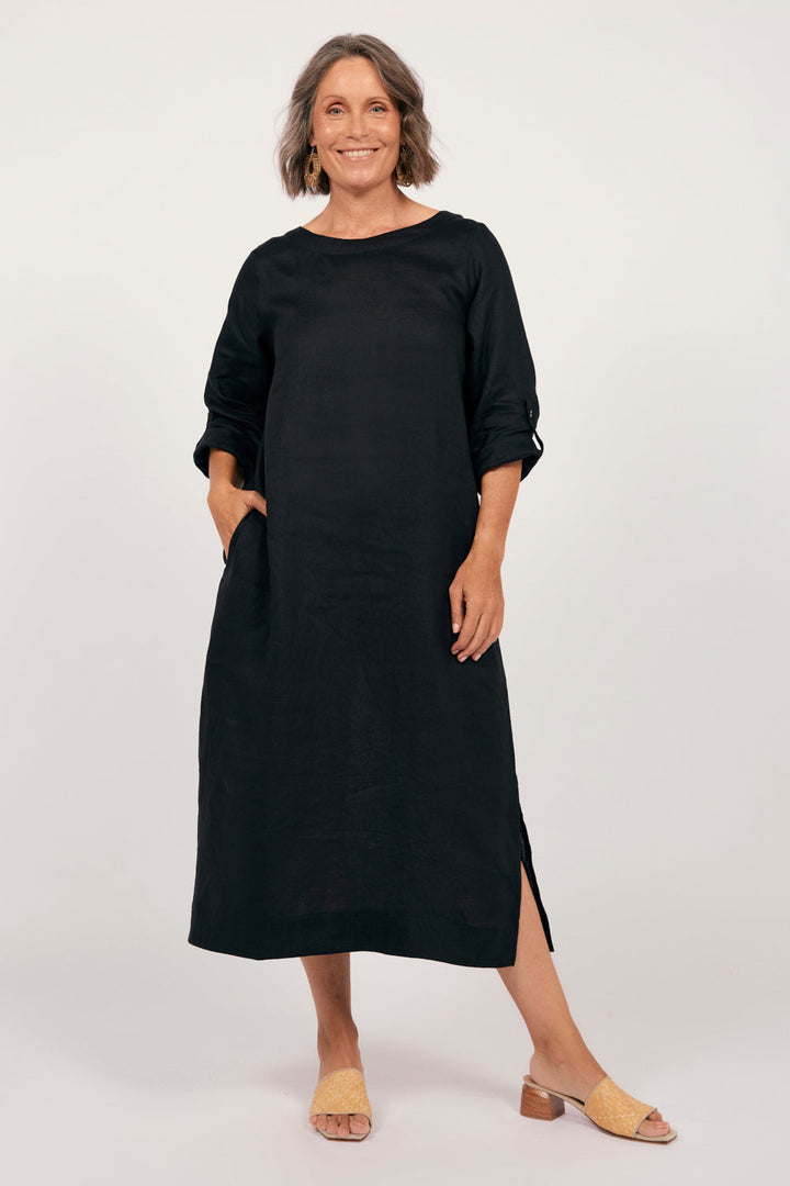 Ferlora™ | Ferlora Linen Midi Dress in Black