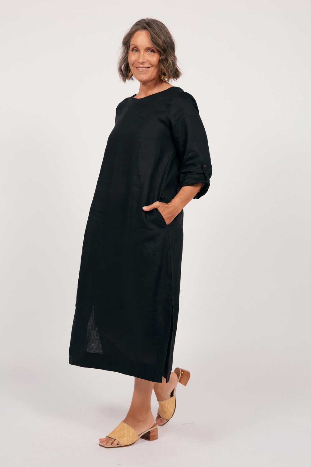 Ferlora™ | Ferlora Linen Midi Dress in Black