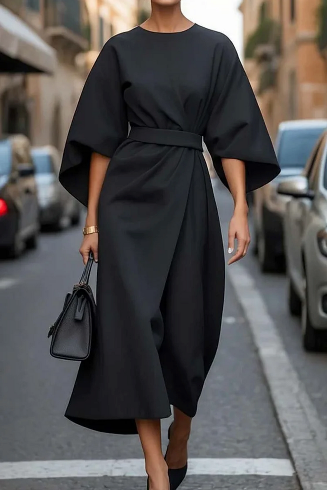 Ferlora™ | Elegant dress with lantern sleeves and belt