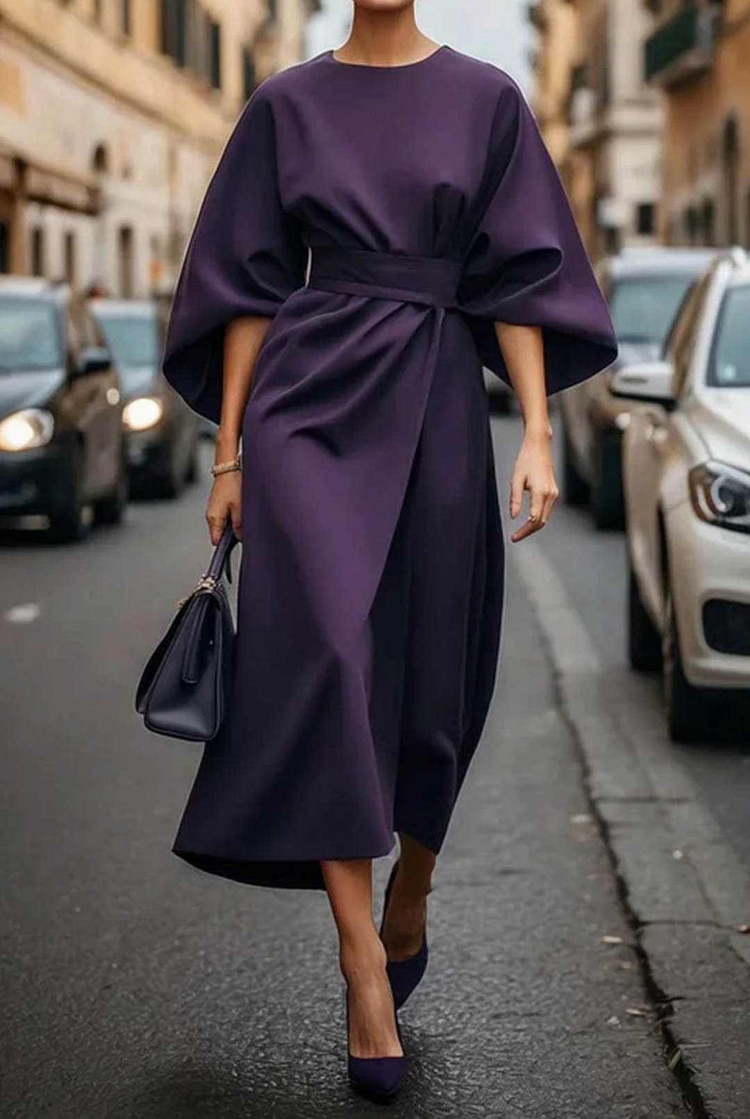 Ferlora™ | Elegant dress with lantern sleeves and belt