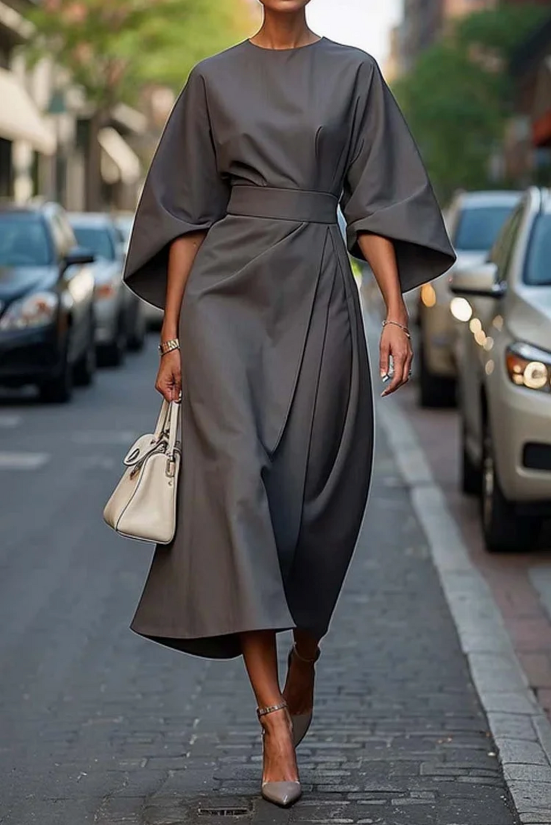 Ferlora™ | Elegant dress with lantern sleeves and belt
