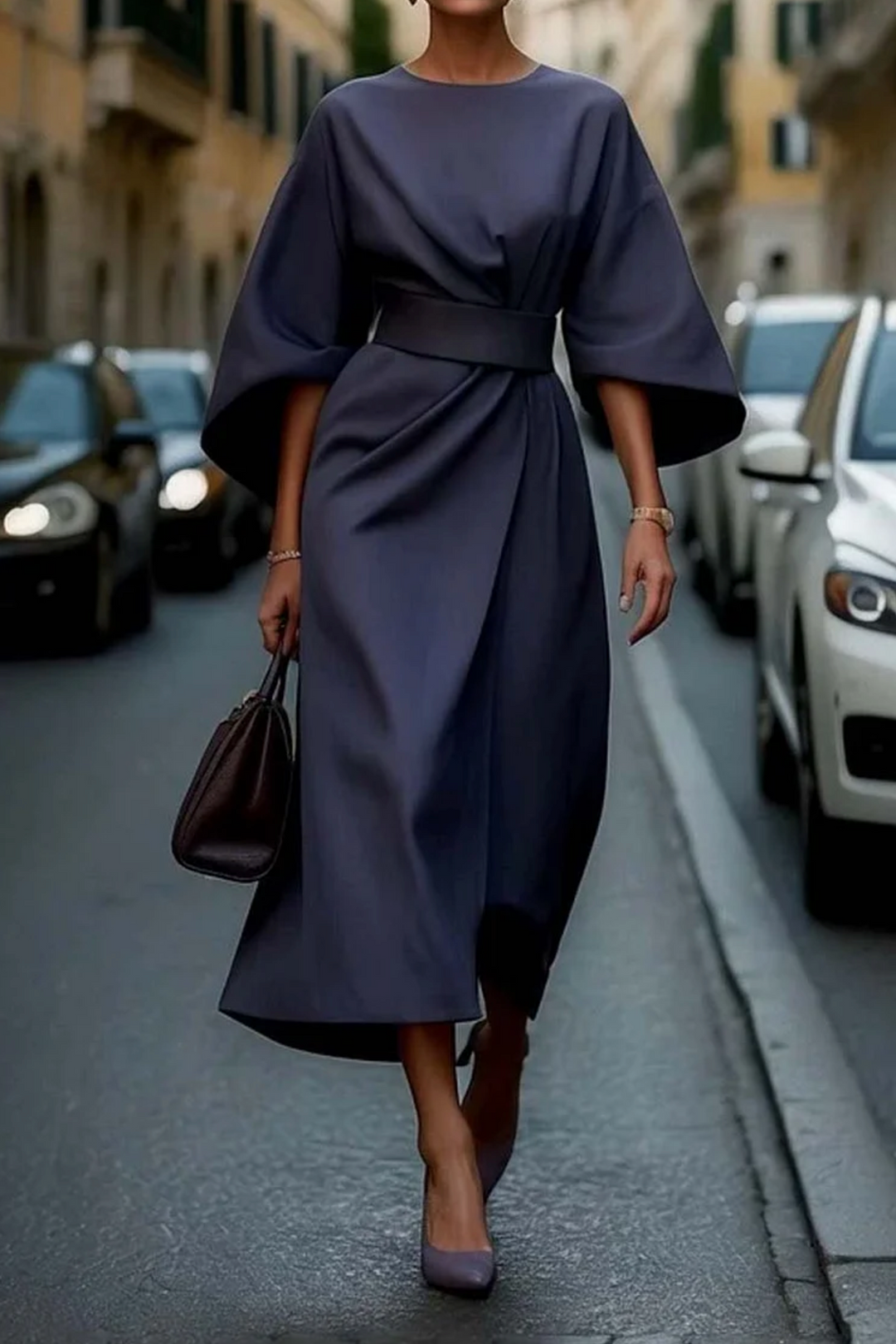 Ferlora™ | Elegant dress with lantern sleeves and belt