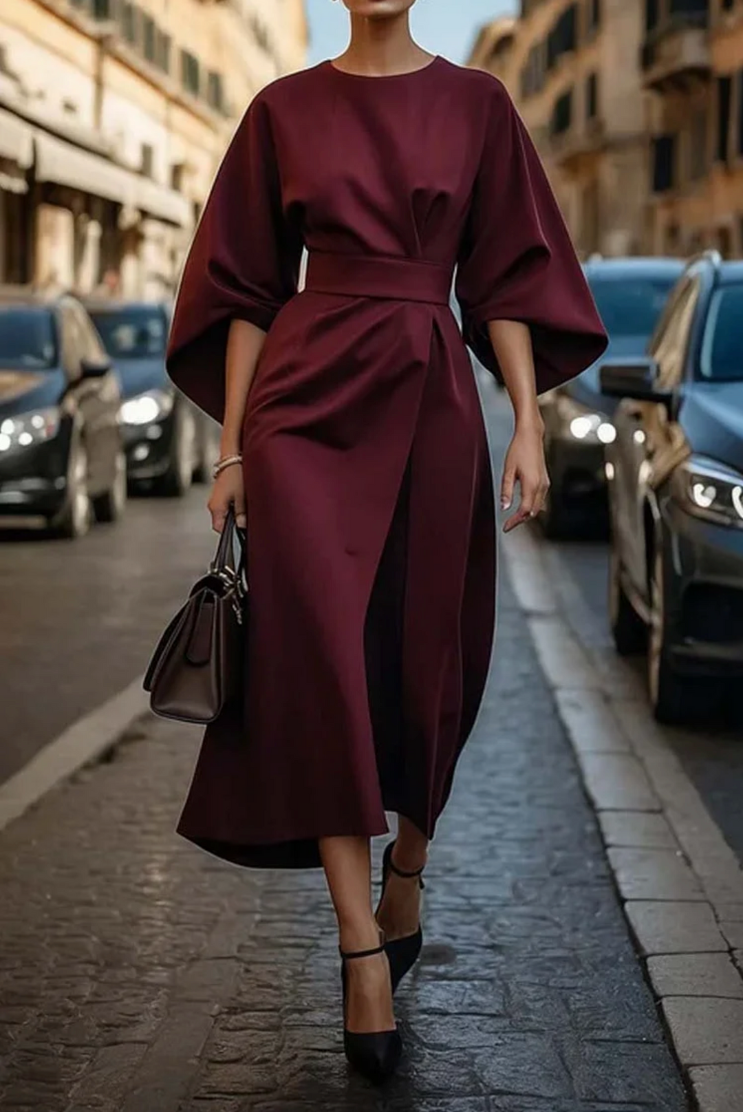 Ferlora™ | Elegant dress with lantern sleeves and belt