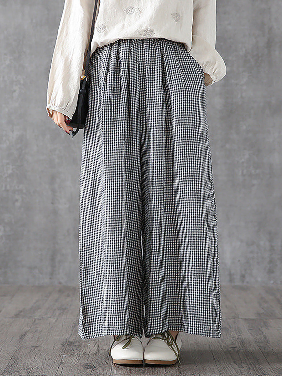 Ferlora™ | Élise Plus-Size Plaid Linen-Cotton Wide-Leg Pants