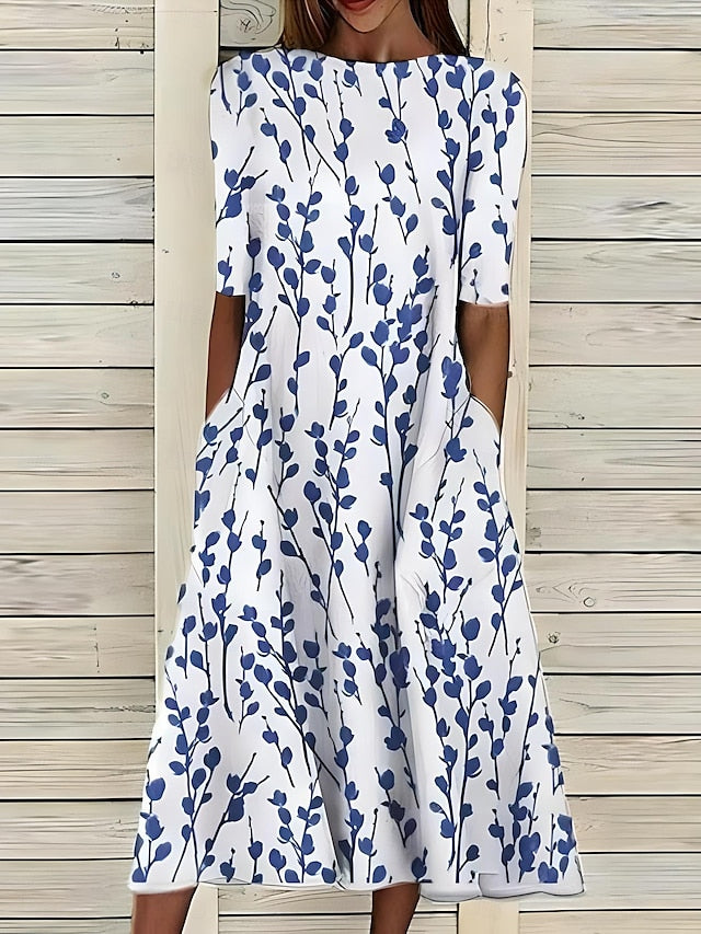 Ferlora™ | Coastal Floral Midi Dress with Classic Round Neck