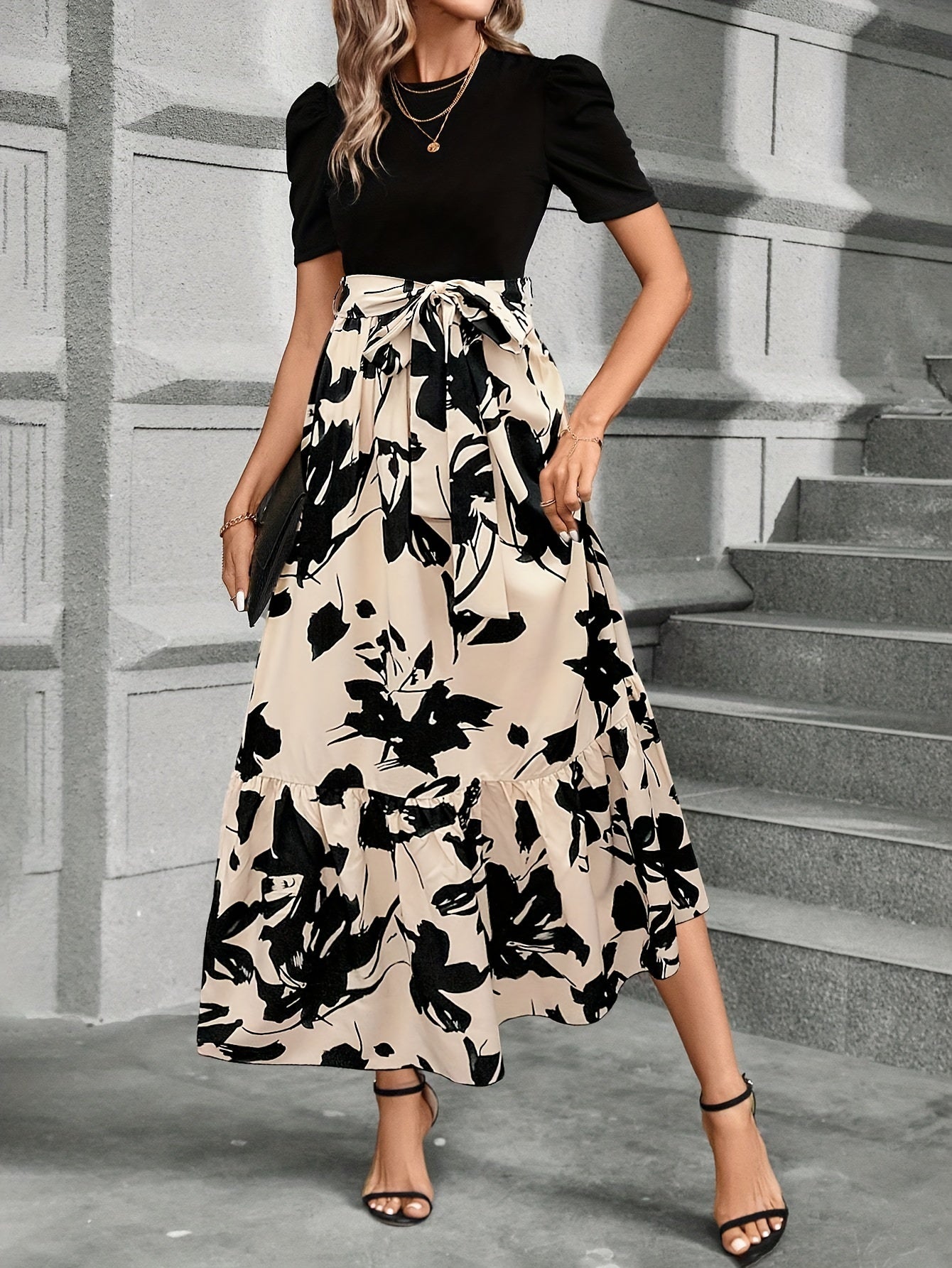 Briony - Floral High-Waist Dress with Ruffle Hem - Ferlora