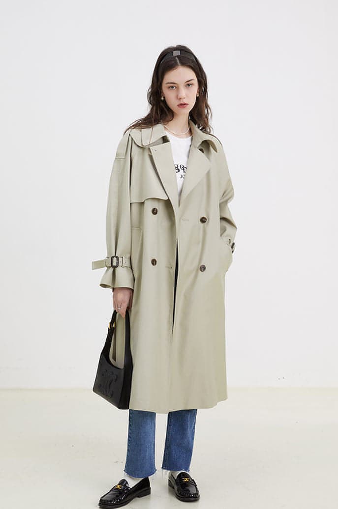 Ferlora™ | Double-Breasted Loose Mid-Length Melton Trench Coat
