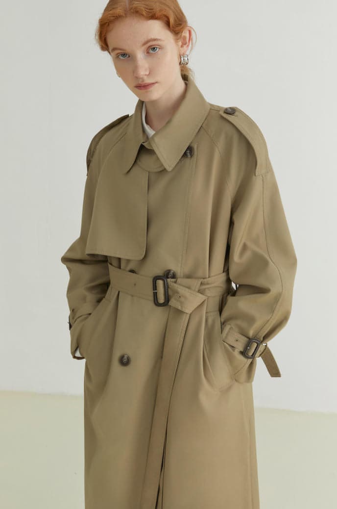 Ferlora™ | Double-Breasted Loose Mid-Length Melton Trench Coat