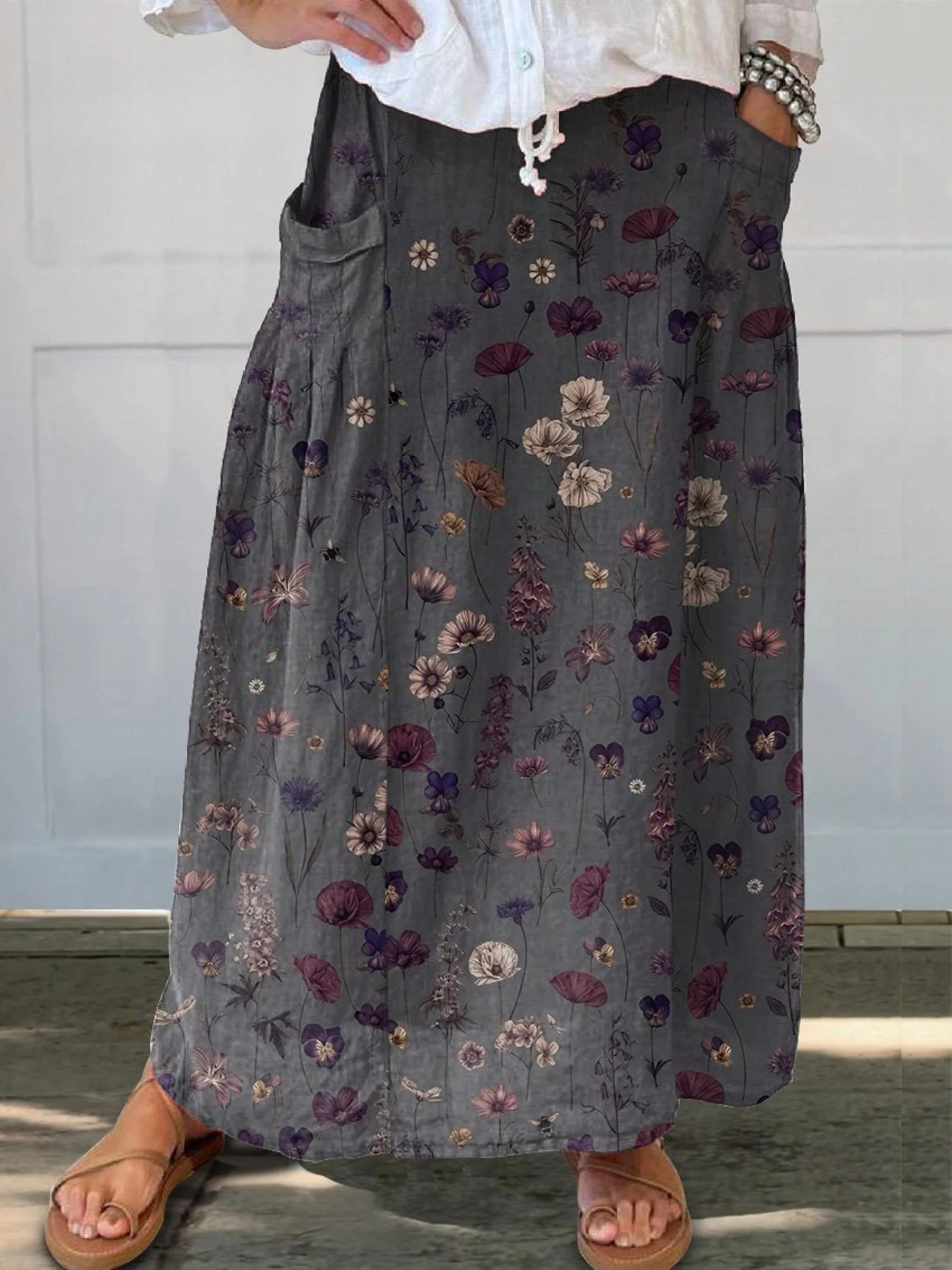 Nerys - Elegant Flower Print Pocket Skirt - Ferlora