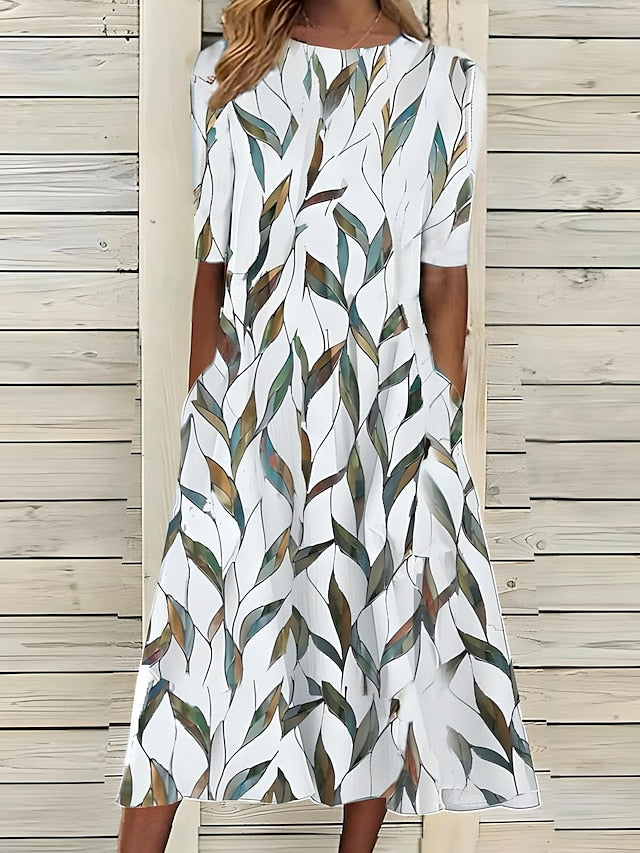 Ferlora™ | Coastal Floral Midi Dress with Classic Round Neck