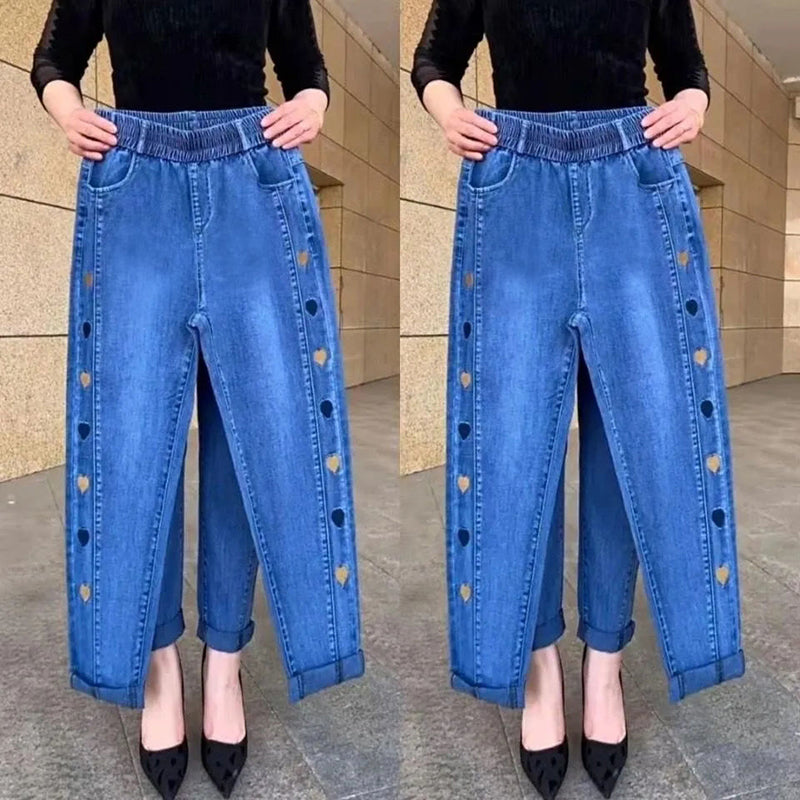 Ferlora™ | Soraya High-Waist Heart-Embroidered Stretch Jeans