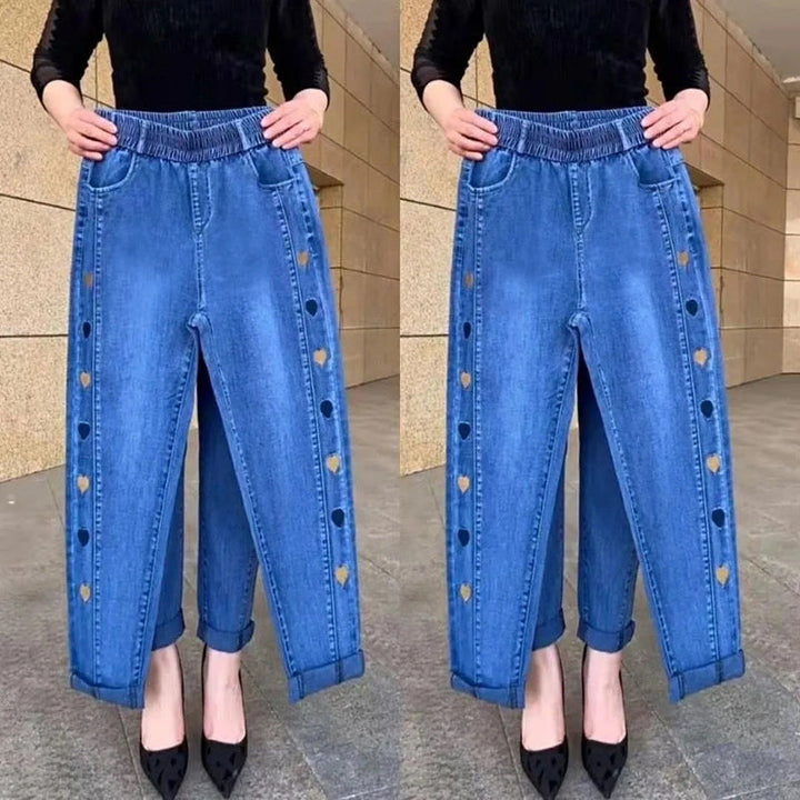 Ferlora™ | Soraya High-Waist Heart-Embroidered Stretch Jeans