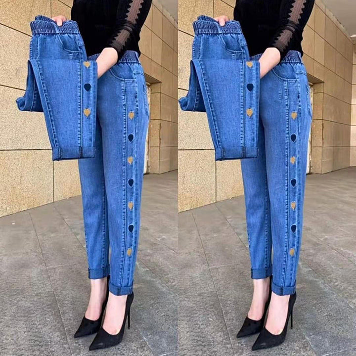 Ferlora™ | Soraya High-Waist Heart-Embroidered Stretch Jeans
