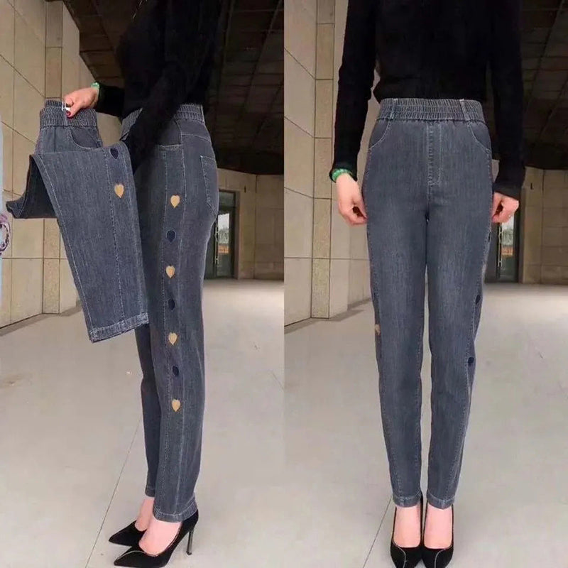 Ferlora™ | Soraya High-Waist Heart-Embroidered Stretch Jeans
