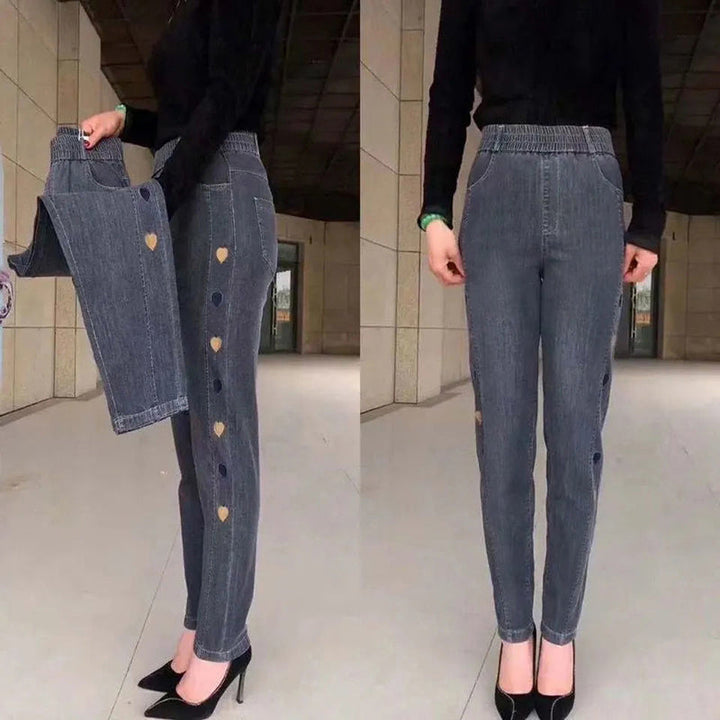 Ferlora™ | Soraya High-Waist Heart-Embroidered Stretch Jeans