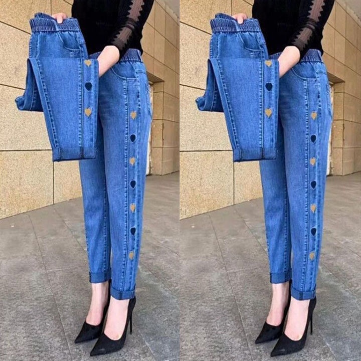 Ferlora™ | Soraya High-Waist Heart-Embroidered Stretch Jeans