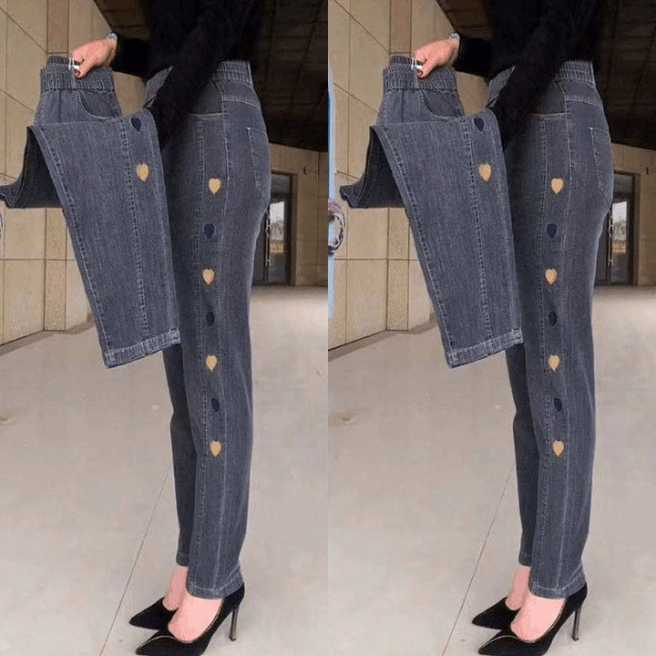 Ferlora™ | Soraya High-Waist Heart-Embroidered Stretch Jeans