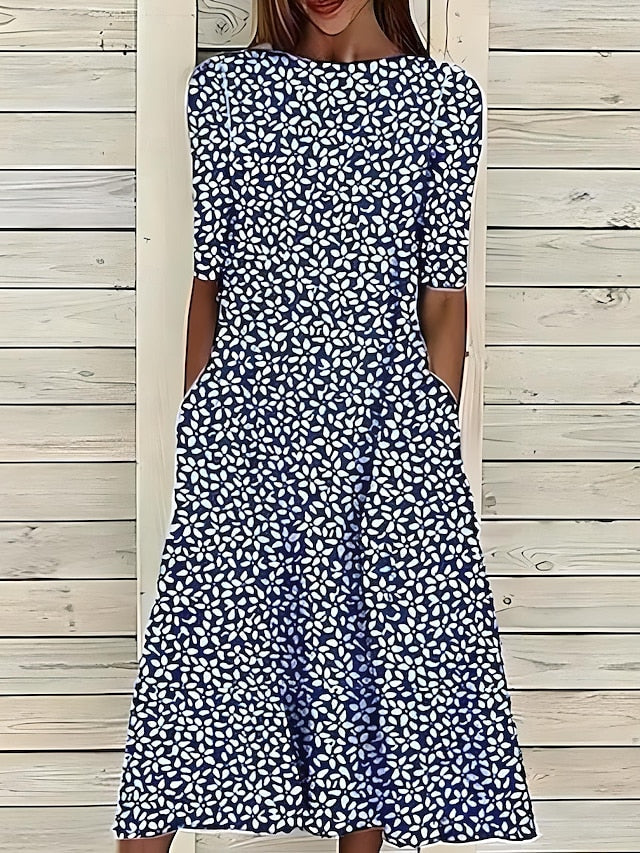 Ferlora™ | Coastal Floral Midi Dress with Classic Round Neck